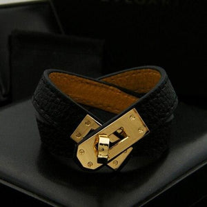 Rotating Steel Buckle Leather Bracelet for Women - Black