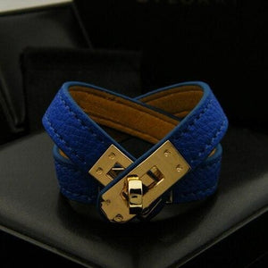 Rotating Steel Buckle Leather Bracelet for Women - Blue