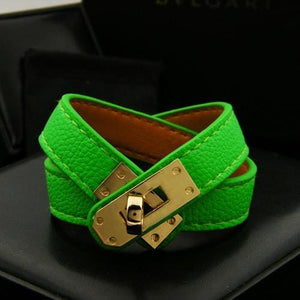 Rotating Steel Buckle Leather Bracelet for Women - Green