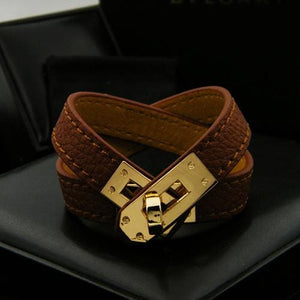 Rotating Steel Buckle Leather Bracelet for Women - Khaki