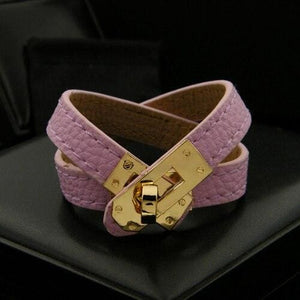 Rotating Steel Buckle Leather Bracelet for Women - Pink Red